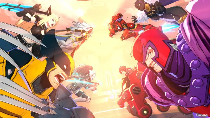 An ensemble of Marvel characters including Wolverine and Magneto in combat poses, in Marvel Tōkon: Fighting Souls artwork