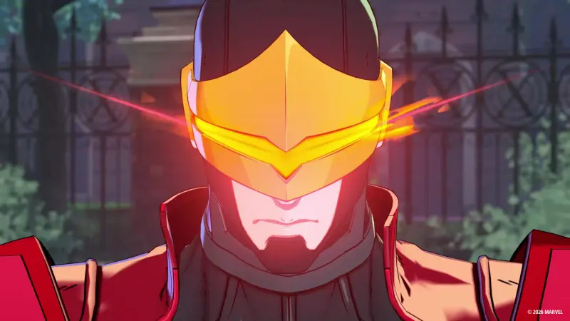 A close-up of Phoenix Cyclops, visor glowing as optic beams fire outward, in Marvel Tōkon: Fighting Souls