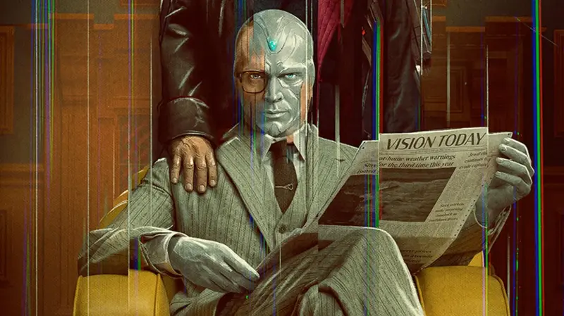 VisionQuest poster showing Vision in a grey pinstripe suit and glasses reading a newspaper headed Vision Today in a yellow armchair, with a hand resting on his shoulder amid video glitch lines