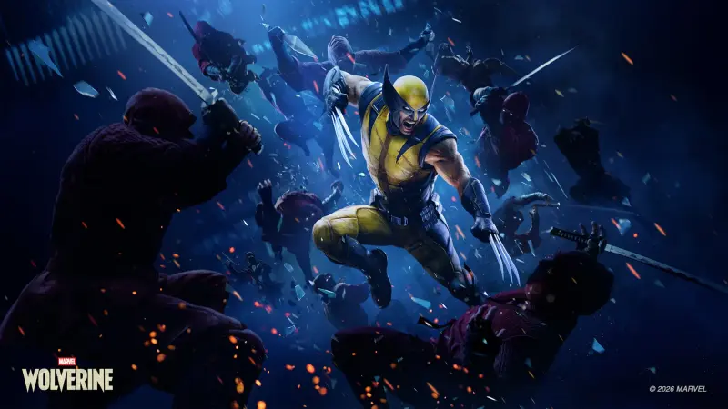 Wolverine lunges through the air with claws extended amid armed attackers in key art for Marvel's Wolverine