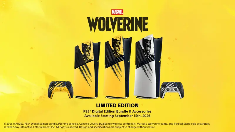 Marvel's Wolverine Limited Edition PS5 range on a yellow background: three consoles with claw-slash artwork and two DualSense controllers in Battle Yellow and Adamantium finishes
