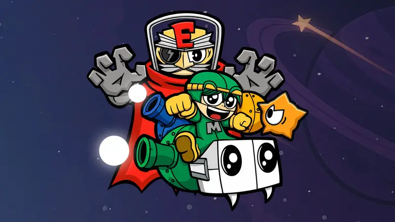 Cartoon characters from Mechaconda, including a green mech-suited hero and a caped villain in an E-marked helmet, against a purple space background