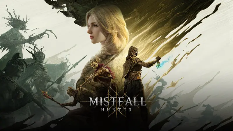 Key art for Mistfall Hunter showing the game's title, a blonde woman's portrait in profile and a hooded figure holding a glowing weapon amid shadowy foes