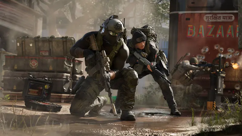 Two Modern Warfare 4 operators take cover beside a bus marked Bazaar in a muddy street, one crouched with a rifle raised