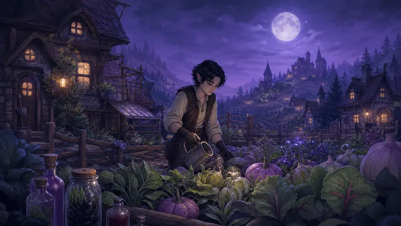 A pointed-eared farmer watering glowing crops at night beneath a full moon, with a cottage and hilltop castle behind