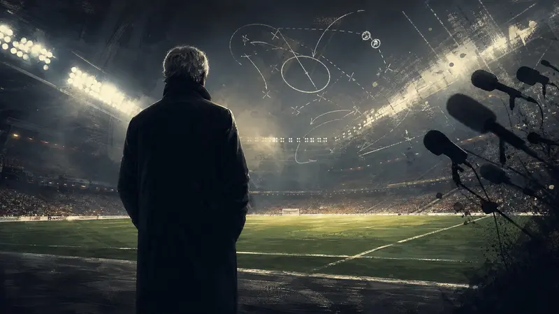 Sports editorial illustration of an anonymous veteran manager facing a floodlit pitch, tactics and press microphones