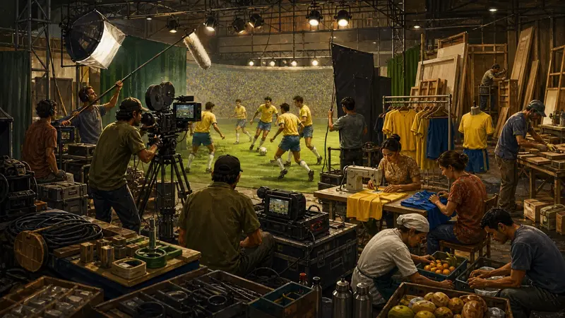 Editorial illustration of a Brazilian football drama being filmed among wardrobe, set-building and catering crews