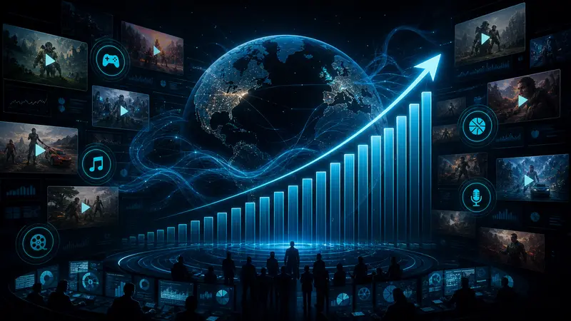 Editorial data illustration of viewing bars, play icons and a globe rising past 97 billion hours