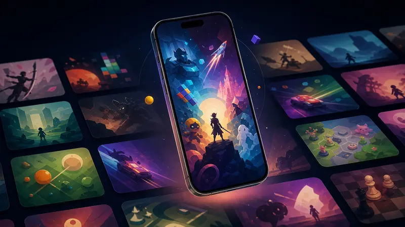 Editorial illustration of a phone surrounded by original tiles representing many game genres
