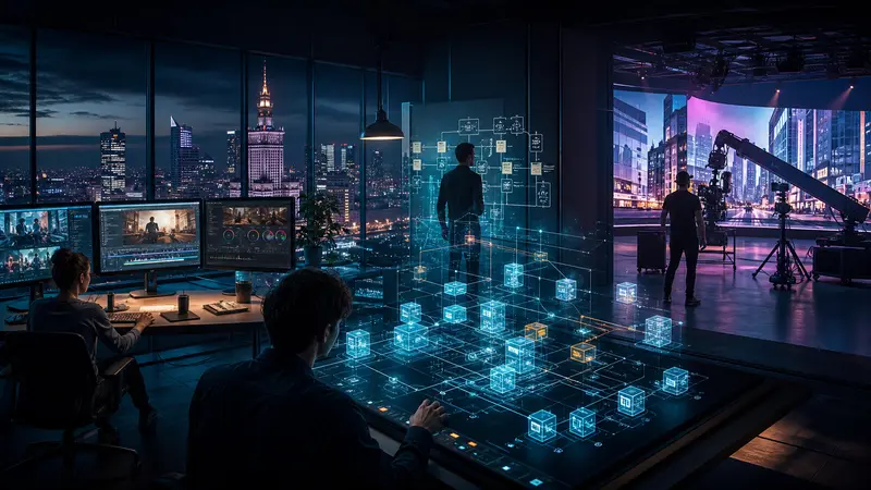 Editorial illustration of Warsaw offices linking software infrastructure with film production stages