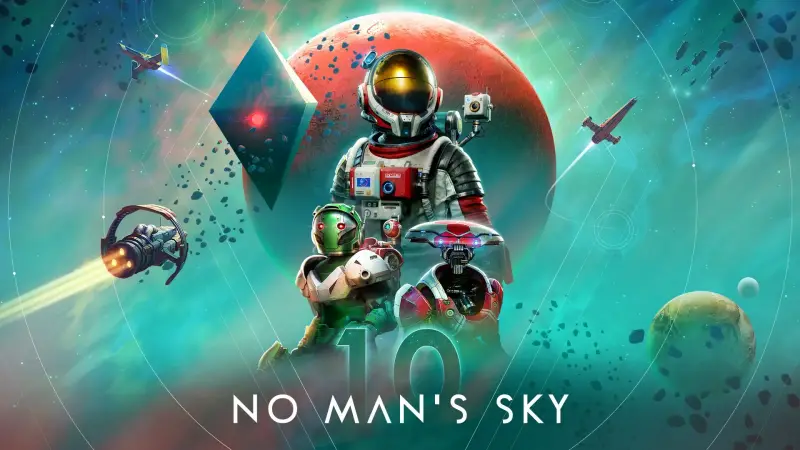 No Man's Sky tenth-anniversary artwork showing a spacesuited explorer, an alien companion and a drone against a red planet and starfield, with a large numeral 10
