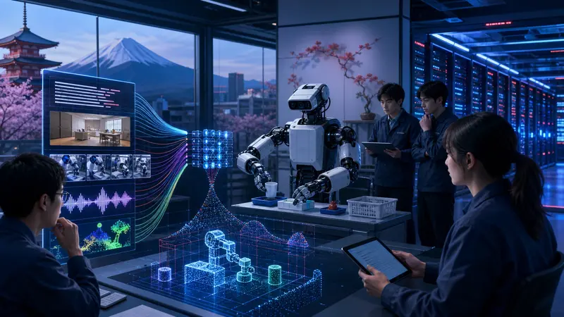 Editorial illustration of researchers training a robot with language, image, audio and spatial data beside AI compute racks