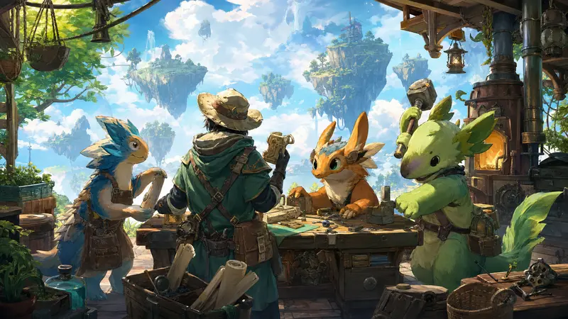 An explorer at a workbench crafting alongside three creature companions, with floating islands beyond