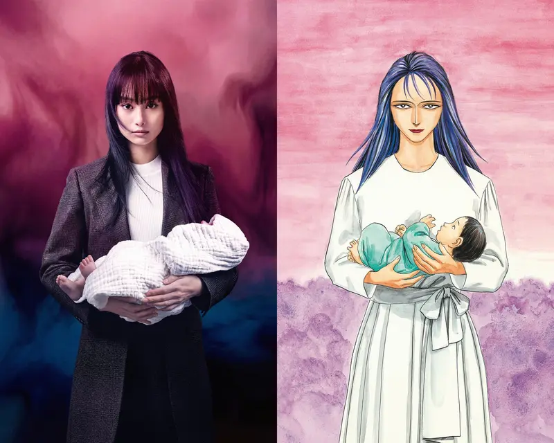 A two-panel image pairing Shioli Kutsuna as Ryoko Tamiya holding an infant with the original manga illustration of the same character