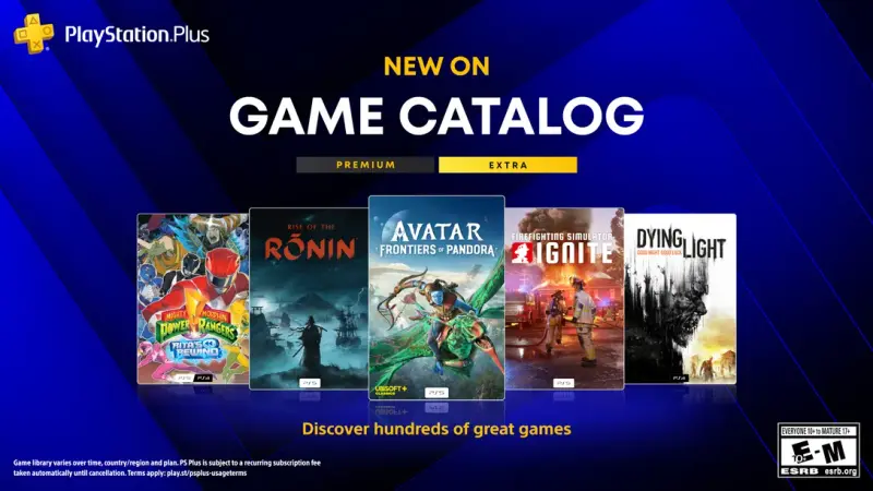 A PlayStation Plus Game Catalog promotional banner showing five game covers, including Rise of the Ronin, Avatar: Frontiers of Pandora and Dying Light, tagged for the Extra and Premium tiers