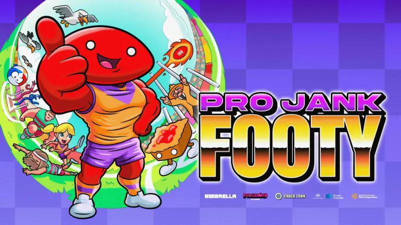 Pro Jank Footy title key art with the game's logo and a large red mascot character giving a thumbs up, players shown in a circular vignette behind