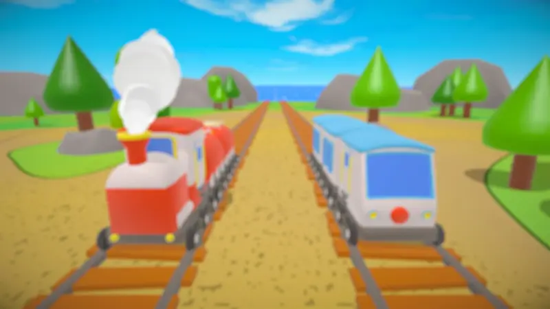 Two cartoon trains travel on parallel tracks through a bright low-poly landscape in Railway Routes artwork