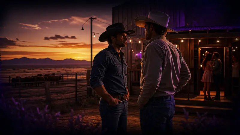 Editorial illustration of two ranchers meeting outside a Texas dance hall at sunset