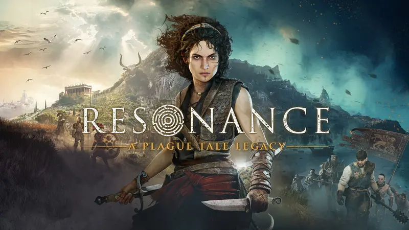 Key art for Resonance: A Plague Tale Legacy showing Sophia holding two blades before a Minoan island with a bull-horned peak, a cliffside palace and armoured soldiers