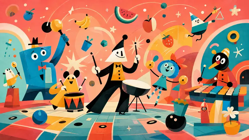 Original editorial illustration of geometric performers playing percussion amid floating fruit