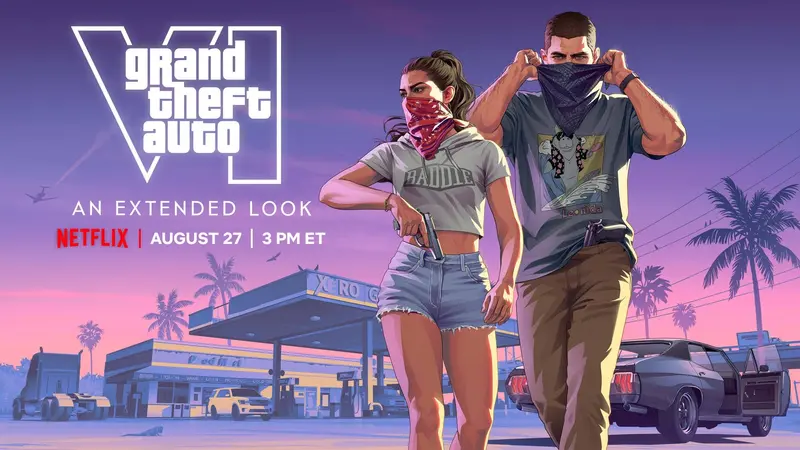 Rockstar's Extended Look key art: Lucia and Jason walk away from a petrol station at dusk pulling bandanas over their faces, above the Netflix logo and the August 27 3 PM ET premiere time.