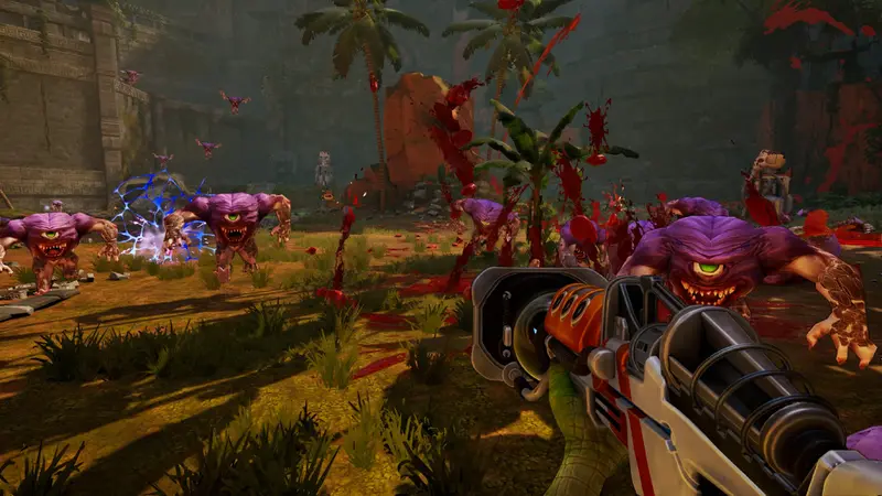 A first-person weapon fires at purple monsters among jungle ruins in Serious Sam: Shatterverse
