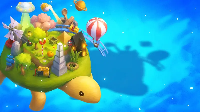 A giant turtle carrying a miniature diorama landscape on its shell — windmill, trees, a hot air balloon and a UFO — floating in a blue sky, in Sizeable artwork