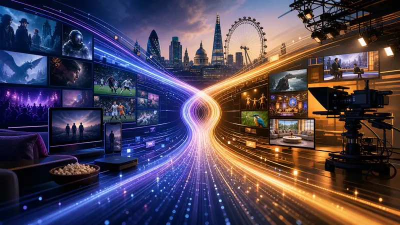 Editorial illustration of streaming screens and a television studio converging across the London skyline