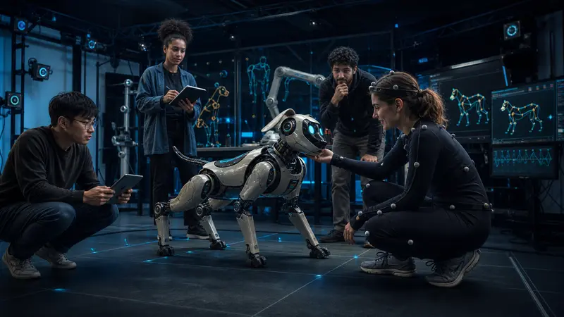 Editorial illustration of a robotic dog working with researchers in a university interaction lab