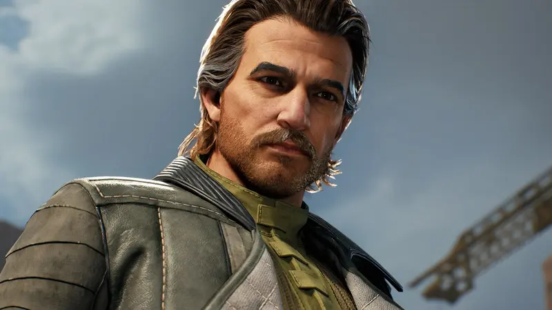 Hawks, the customisable former Republic officer leading Zero Company, shown in close-up in a worn leather jacket over layered armour against an overcast sky.