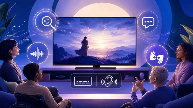 Editorial illustration of viewers using caption, audio-description, language-search and sign-language features around a television