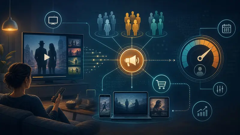 Business editorial illustration connecting a television, audience segments, shopping signals and an advertising-frequency dial