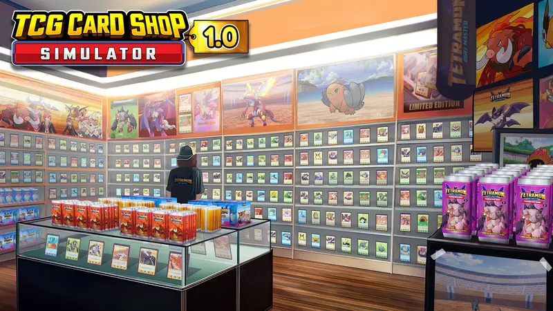 Key art for TCG Card Shop Simulator showing the shop counter and Tetramon trading cards