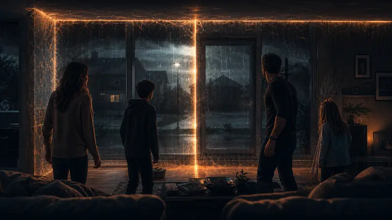Editorial illustration of a family watching an unnatural barrier seal every exit of a rain-darkened house