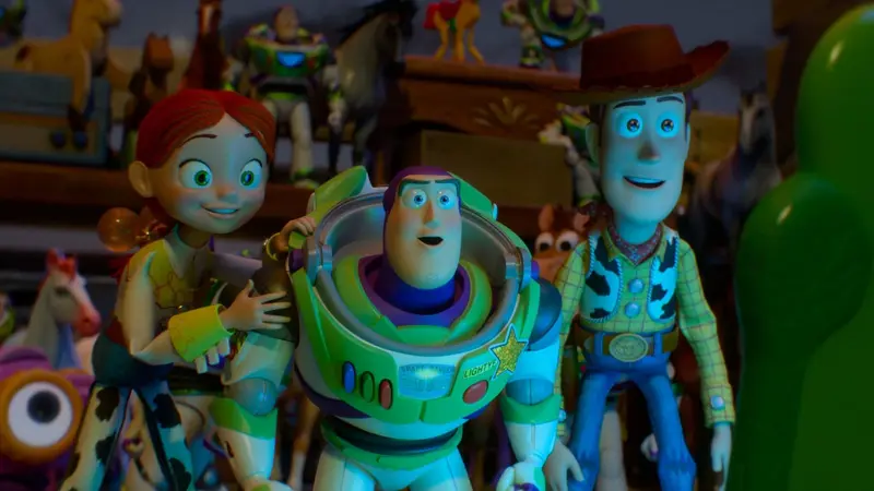 Woody, Buzz Lightyear and the Toy Story 5 characters gather around a glowing tablet