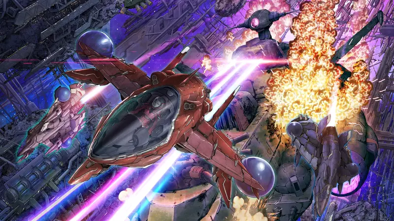 A spacecraft fires through enemy formations in Truxton Extreme artwork