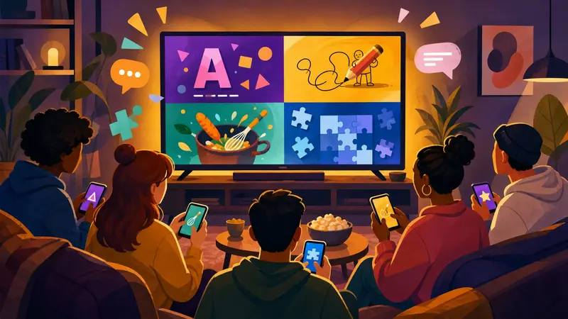 איור מערכת של חברים שמשתמשים בטלפונים כדי לשחק משחקי ציור, מילים, בישול ופאזל בטלוויזיה