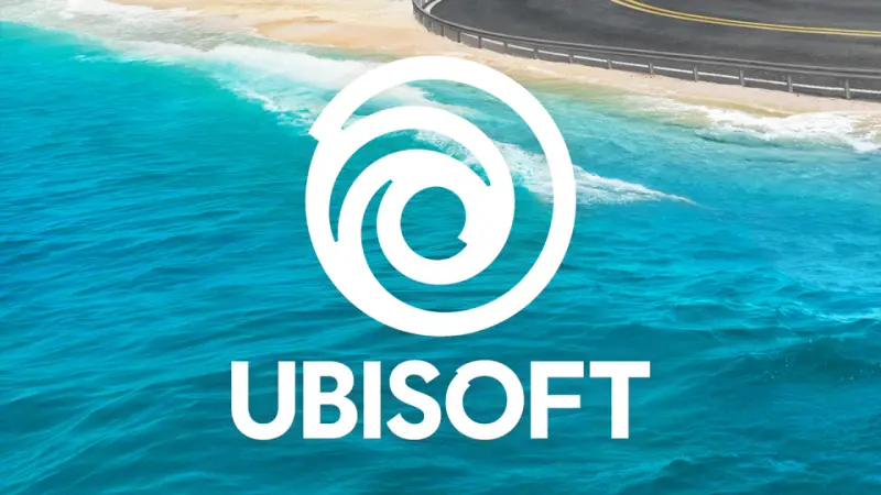 The Ubisoft logo set over an aerial photograph of a coastline