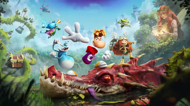 Rayman and his companions leap above a large red dragon's head in a swamp, in Rayman Legends Retold key art