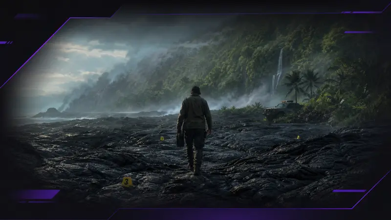 Editorial illustration of a park investigator crossing black lava fields toward a misty rainforest