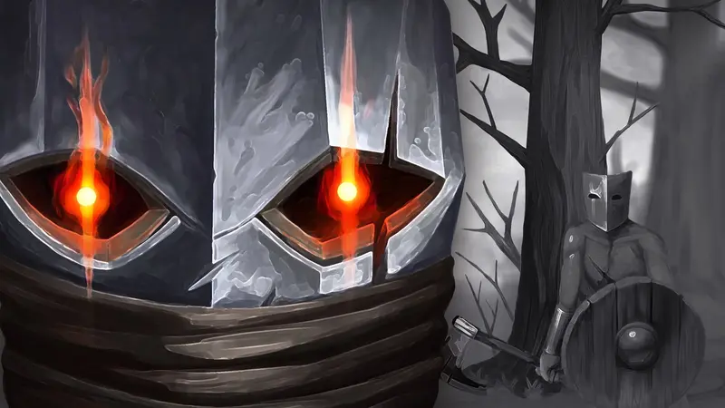A large mask with glowing ember eyes fills the frame, with a small helmed figure carrying an axe and shield among bare trees behind, in Verho: Curse of Faces