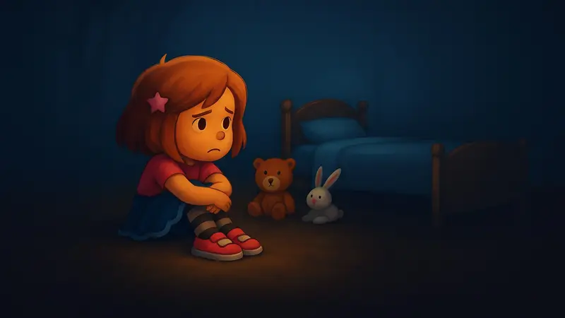 Lia sits on the floor of a dark bedroom with her arms around her knees, a teddy bear and a toy rabbit beside her