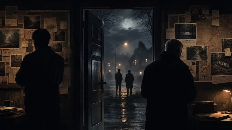Noir editorial illustration of two generations of investigators facing an open door and old evidence boards