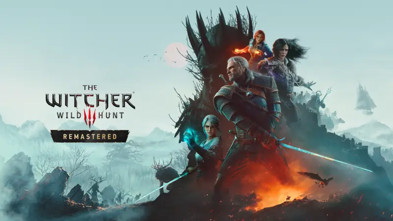 Key art for The Witcher 3: Wild Hunt — Remastered showing Geralt drawing a sword in front of a blackened tree, with Ciri, Triss and Yennefer behind him over a misty battlefield.