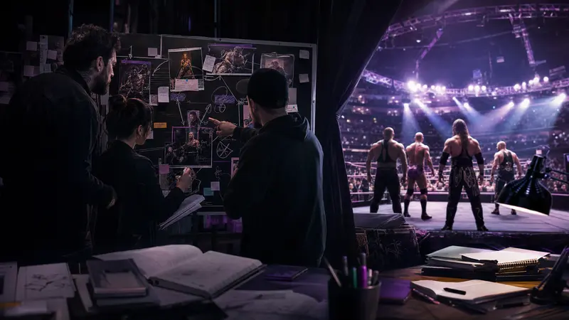 Editorial illustration of wrestling writers mapping storylines behind a brightly lit arena curtain