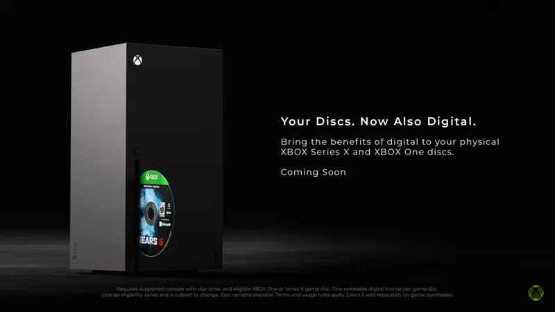 Xbox promotional art showing an Xbox Series X console with a Gears 5 disc beside it and the headline "Your Discs. Now Also Digital."