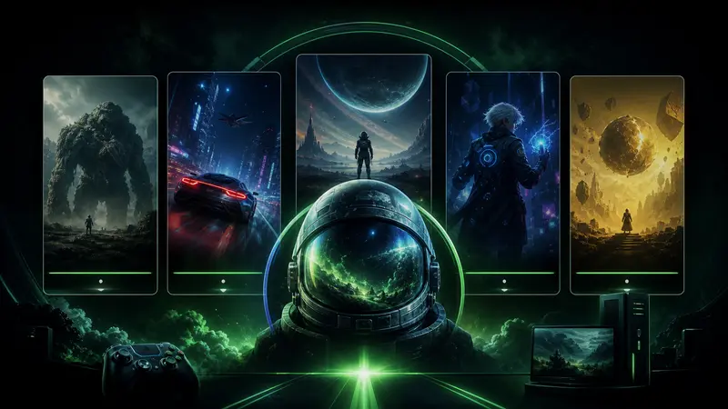 Editorial illustration of a game library dashboard with a space helmet and five release-date tiles