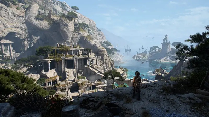 A figure stands on a cliff path in Resonance: A Plague Tale Legacy overlooking a sunlit bay with ruined stone buildings, pine trees, moored ships and a distant tower