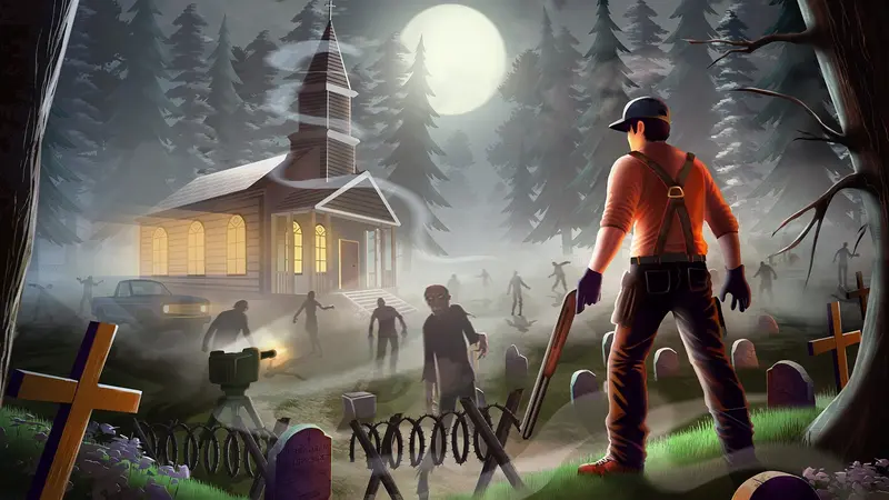 A graveyard worker faces zombies among headstones in Zombie Graveyard Simulator artwork